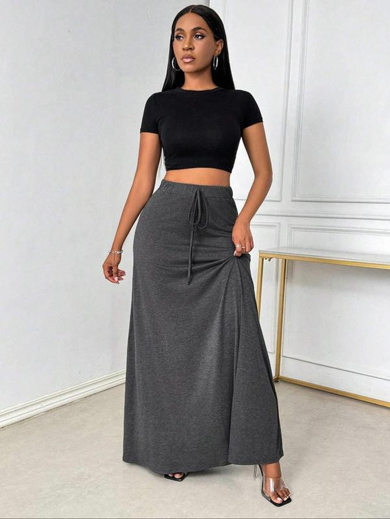 Plus Size Elegant A-Line Skirt with Drawstring Waist - Stylish Casual Long Skirt for All Seasons